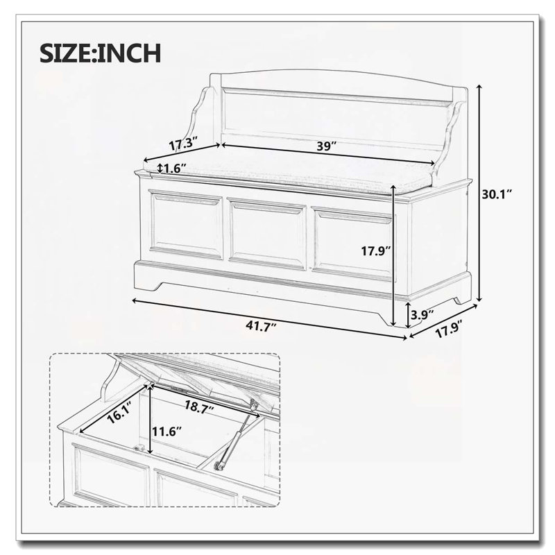 Wood Bench with Hidden Storage and Cushion for Entryway, Hallway, Living Room, White