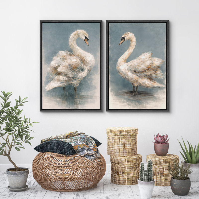 Élégant duo de cygnes avec fond bleu doux, reproduction d'art sur toile encadrée pour chambre principale, 2 pièces, Noir