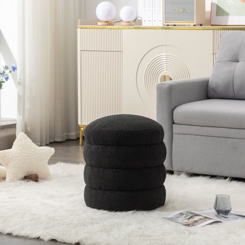 Hasset Round Footstool Ottoman, Soft  Round Ottoman, Footrest Stool, Black Polyester Blend