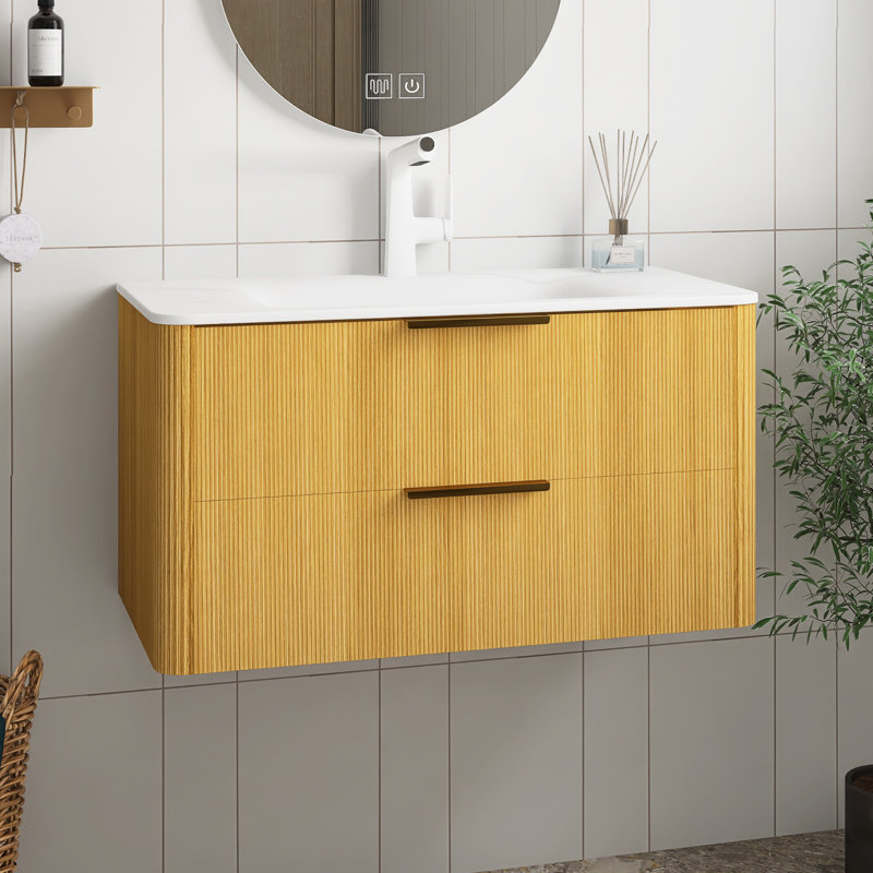 Meuble-lavabo de salle de bain avec lavabo, armoire de rangement flottante à fines rayures avec tiroirs, lavabo intégré en pierre frittée blanche Carrara, pré-assemblé
