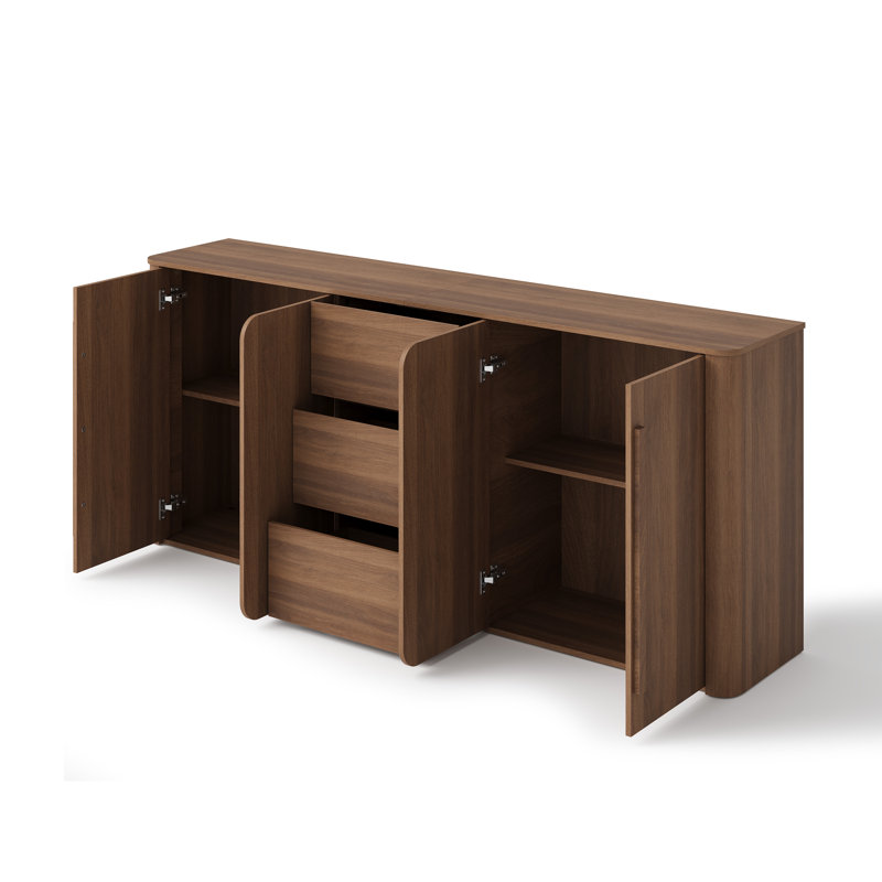 Lilie 78.7'' Walnut Sideboard Buffet Cabinet With 3 Drawers, 2 Side Storage Cabinets, Adjustable Shelves, Rounded Edges And Handle-Free Hinged Doors