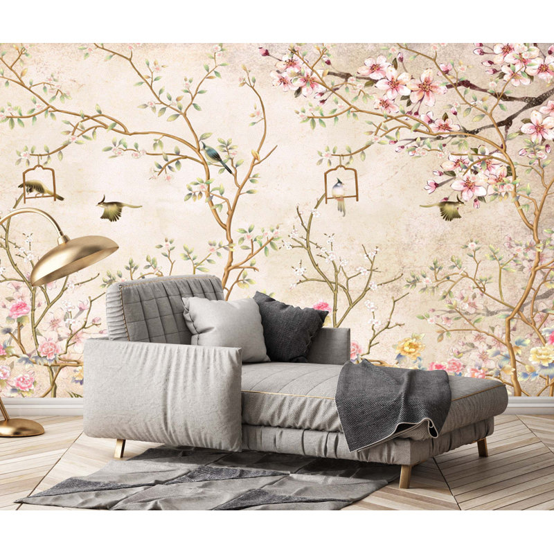 Spring Flowers Chinoiserie Wallpaper, 94.92" L x 143" W