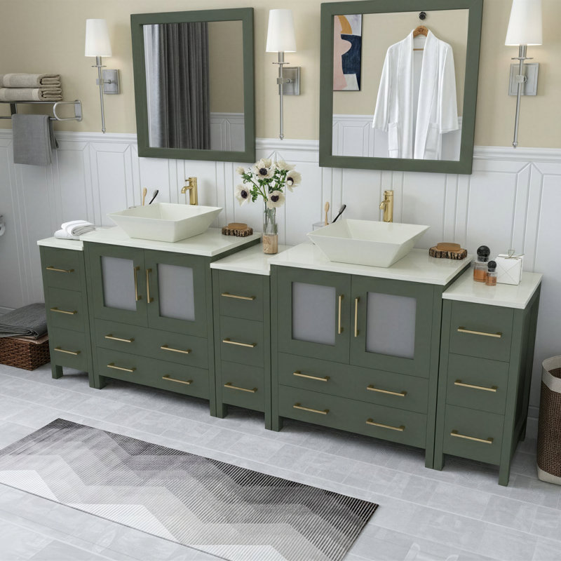  96" Double Bathroom Vanity Set with Mirror, Vintage Green