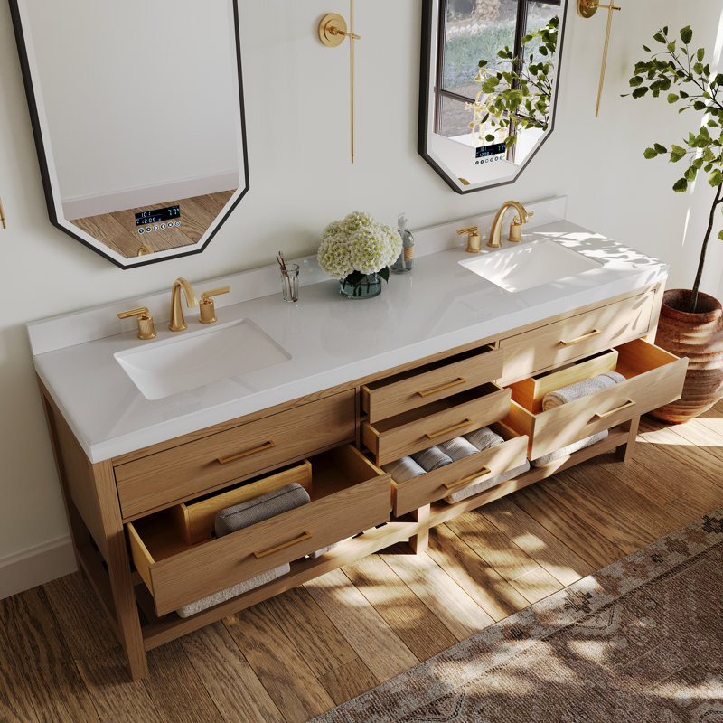 84 po Elizabeth Ensemble de meuble-lavabo en finition chêne avec comptoir en quartz blanc et lavabo encastré blanc