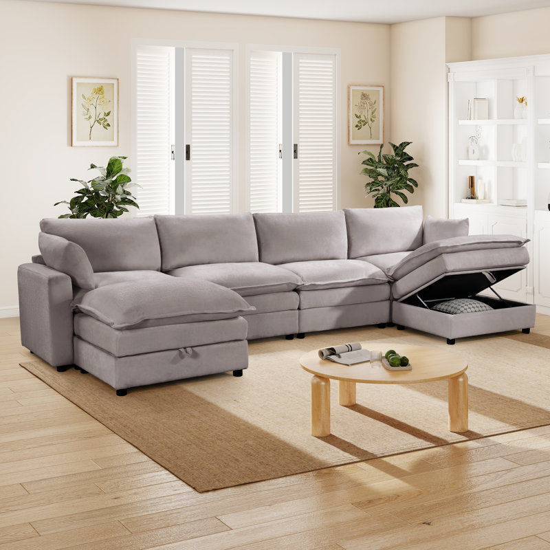 Ensemble modulaire 4 pièces en chenille avec 2 repose-pieds avec rangement