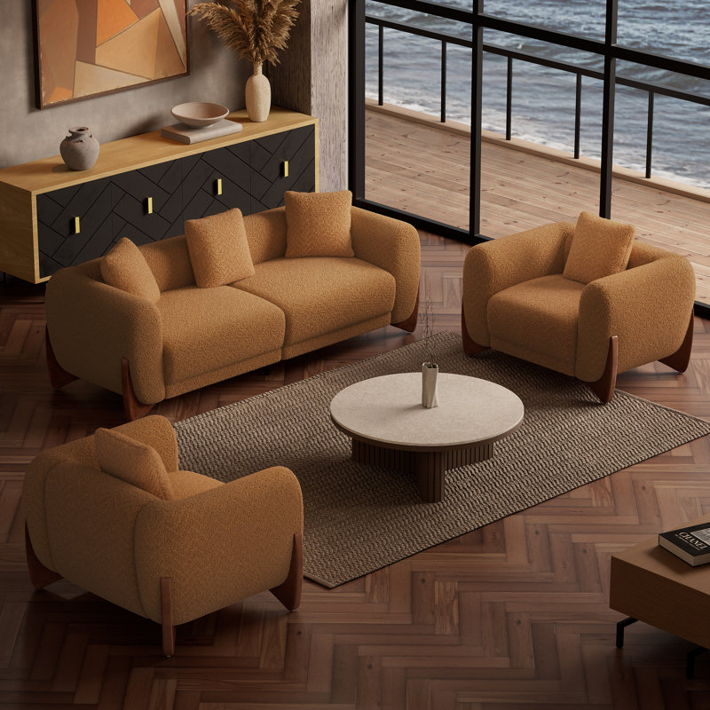 3 Piece Modern Living Room Set, Couch Sofa And Accent Chair, Orange