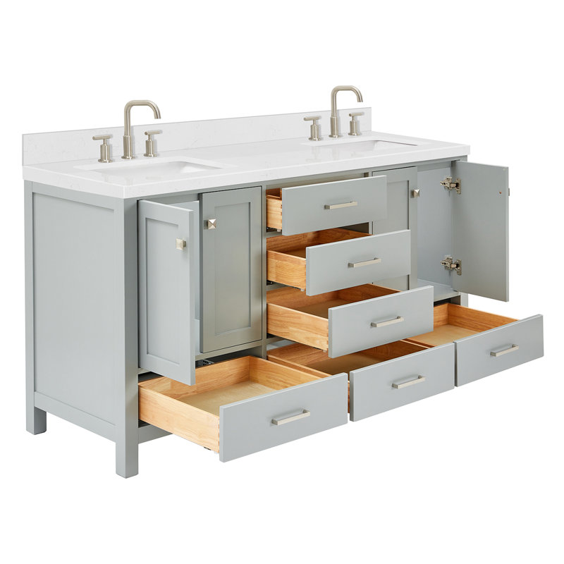  Meuble-lavabo double 66,25 po avec comptoir, Gris / Nickel brossé