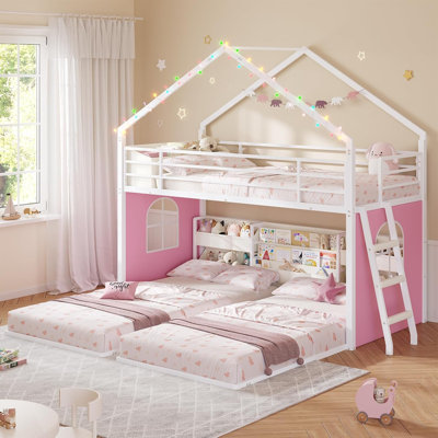 Triple lit superposé avec 2 bacs de rangement, bibliothèque et organisateur de jouets, lit superposé simple au-dessus de simple au dessus d'un lit simple avec guirlandes lumineuses, lits superposés en métal robustes avec garde-corps et échelle de sécurité, noir et bleu