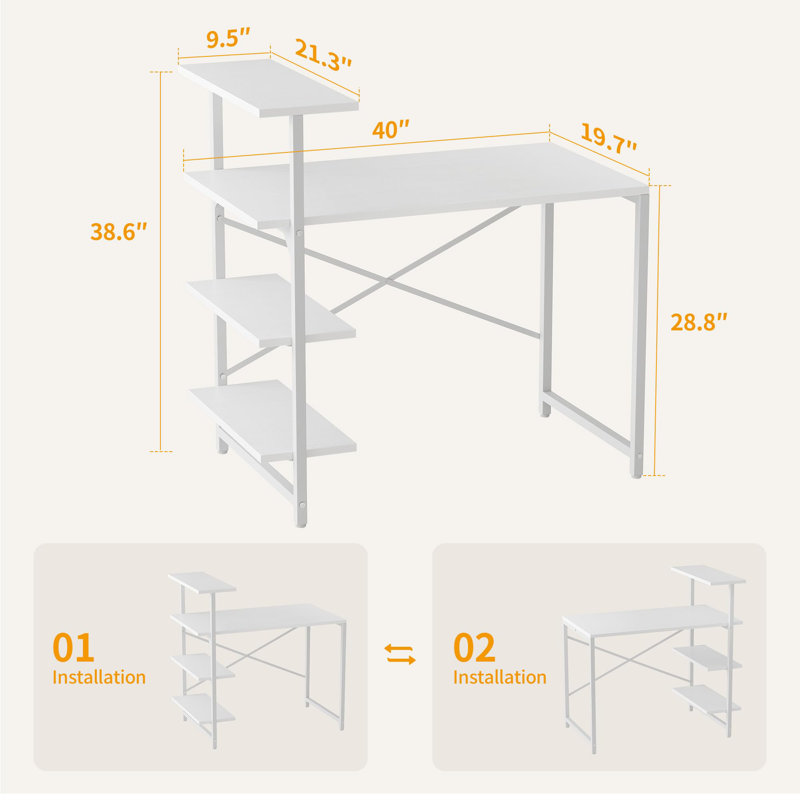 Lintz Metal Base Writing Desk, White, White, 98.04cm H x 101.6cm W x 73.15cm D