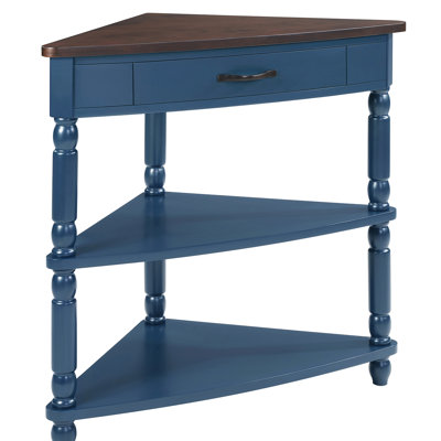33.8'' Small Triangle Corner Table With 3 , Solid Wood Legs, Navy Blue And Top, Ideal For Bedrooms Corridors, Quick Assembly, Safe Rounded Edges Tier Spaces, Long, Finish, Storage Cups Collectibles,
