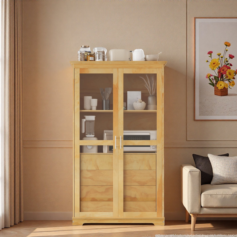 Spacieux garde-manger en bois de pin de 44,7 x 20 x 75 pouces avec portes en verre et 4 tiroirs pour un rangement polyvalent