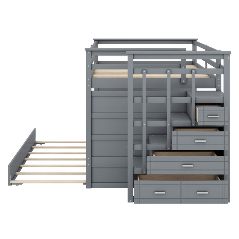 Bunk Bed with Storage Stairs and Trundle, Gray, Full over Full