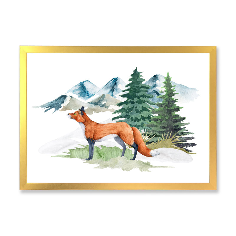 " Red Fox In Winter Forest Landscape " Painting Print, Gold Closed Corner Frame Canvas, 16" H x 32" W