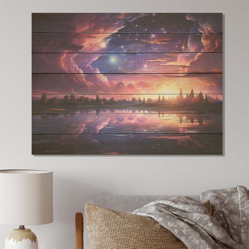 «Pink Moon Sunrise Space Landscape II», impression de paysage abstrait sur bois, H 30 po x l 40 po x P 0,78 po