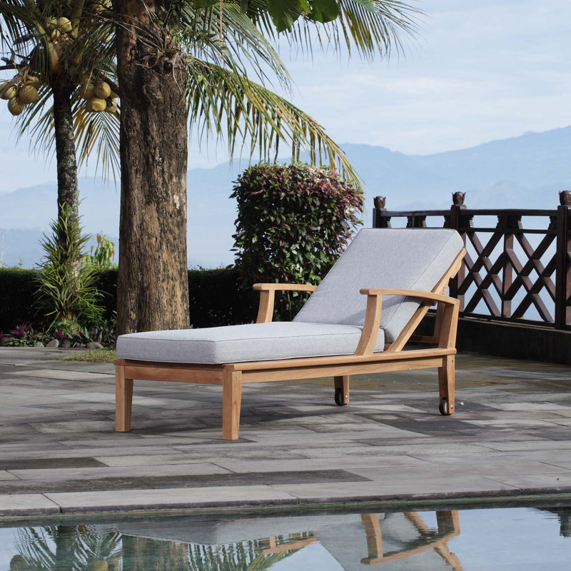 Natural Teak and Navy Outdoor Chaise Lounger with Arms