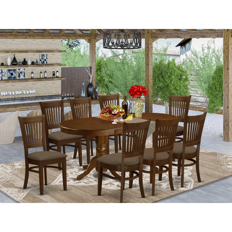 Ensemble de table de salle à manger 9 pièces moderne comprenant une table ovale en bois avec feuille papillon et 8 chaises de salle à manger en tissu de lin, espresso