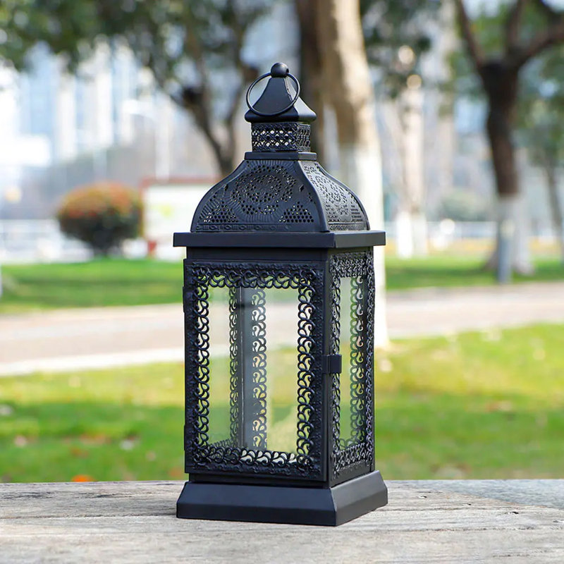 Glass & Metal Tabletop Lantern, 32cm H x 12cm W x 12cm D, Black