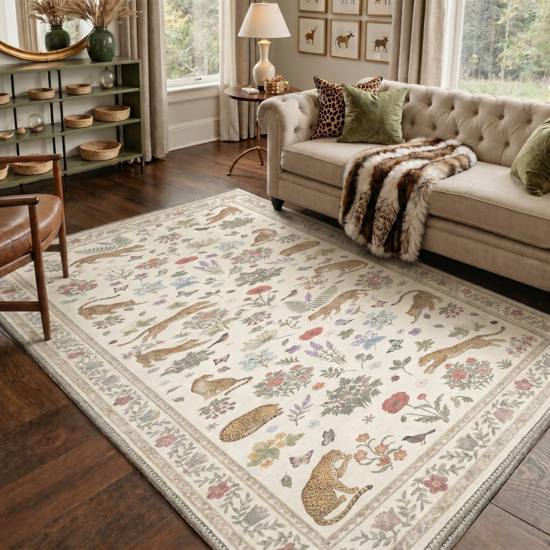 Floral Leopard Machine Washable Sable Beige Indoor Area Rug With Non-Slip Backing, Rectangle 6' x 9'