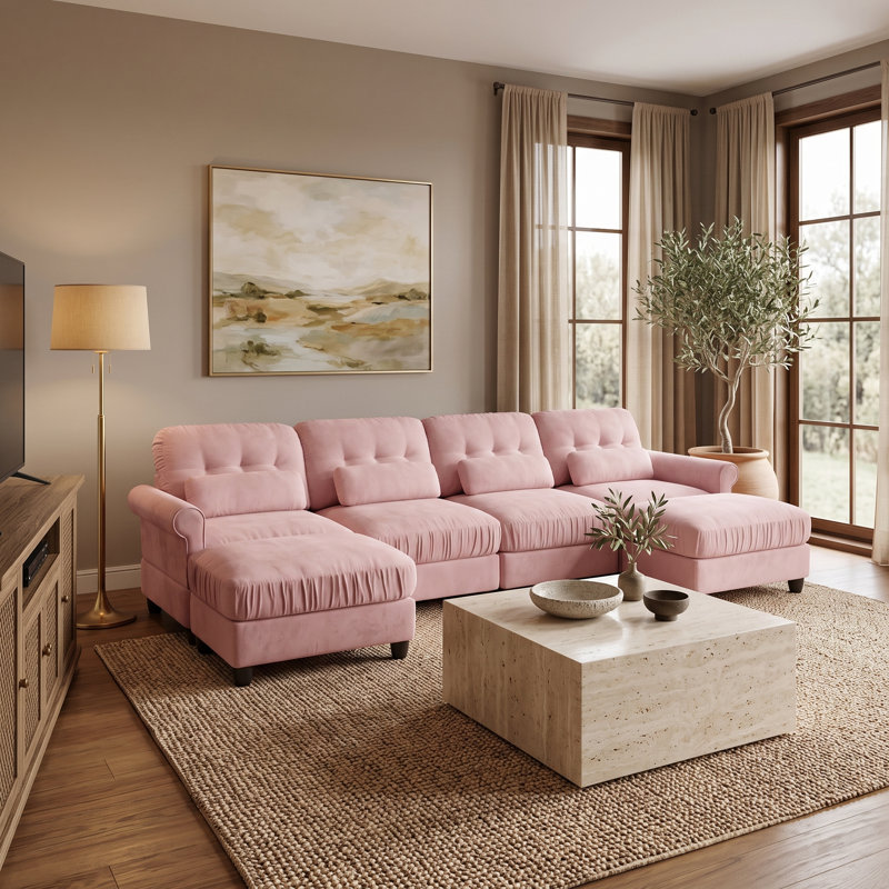 Canapé modulaire 4 places en chenille souple à volants, style transitionnel, avec 2 poufs, dossier capitonné et accoudoirs arrondis, rose