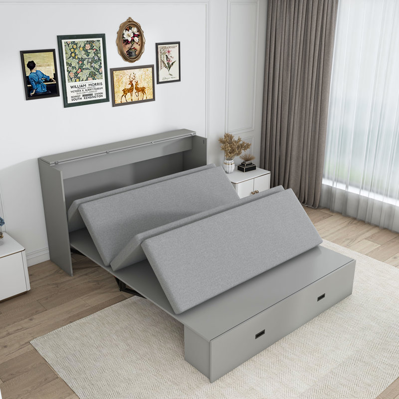 57" Murphy Bed With Mattress, Storage & Charging Cabinet – Guest Room, Living Room, Office, Gray