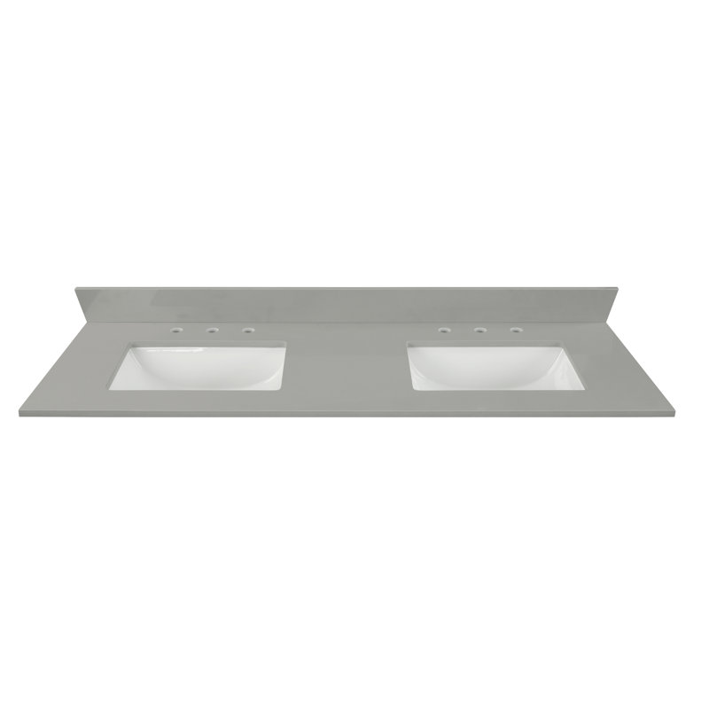 Dessus de meuble-lavabo 61 po en quartz gris terre avec double lavabo et dosseret blanc