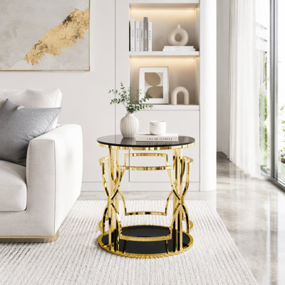 Table d'appoint ronde de luxe en or avec plateau en verre trempé et tablette de rangement, table de bout moderne glamour pour le salon, la chambre à coucher, le canapé, le petit espace