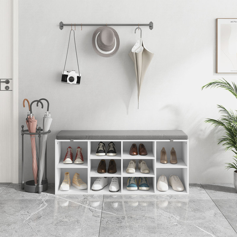 Modern 10 Pair Shoe Storage Cabinet, Shoe Bench with Cushion, Entryway Shoe Rack, White