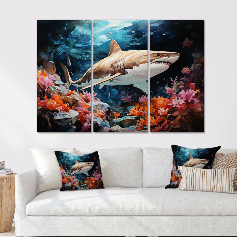 Silent Hunter Sharks Portrait III - Coastal Coral Under Water Wall Art Set, 60" H x 84" W x 1.5" D