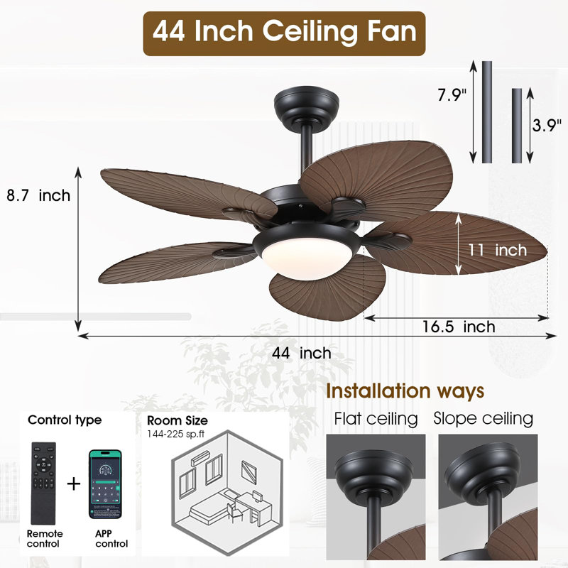 44/52" Palm Tropical 5 Blade Ceiling Fan, 44" Wide, Brown