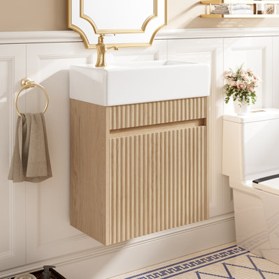 Meuble-lavabo flottant 18,5 po avec lavabo SMC, meuble-lavabo à ouverture frontale, charnières à fermeture en douceur, rangement mural réversible