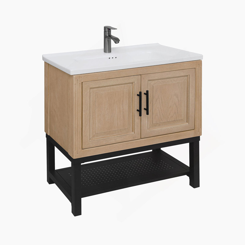 Meuble-lavabo 32 po avec lavabo en céramique et robinet d'eau chaude et froide, armoire de salle de bain autoportante avec 2 portes de rangement et tablette ouverte en fer pour la salle de bain