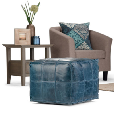 Manning 18"W Genuine Leather Square Pouf