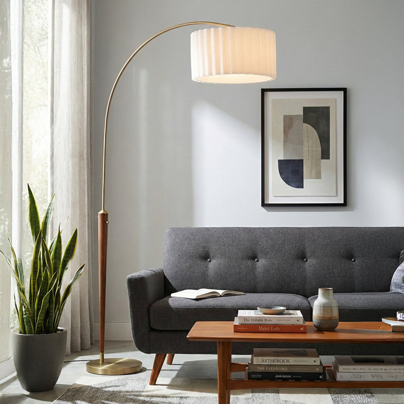 Scalloped 1-Light Arc Floor Lamp - Walnut, Weathered Brass, White Linen, Diffuser, Dimmer