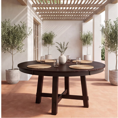 Farmhouse Round Extendable Dining Table with 16-Inch Leaf, Espresso Solid Wood, Seats up to 6