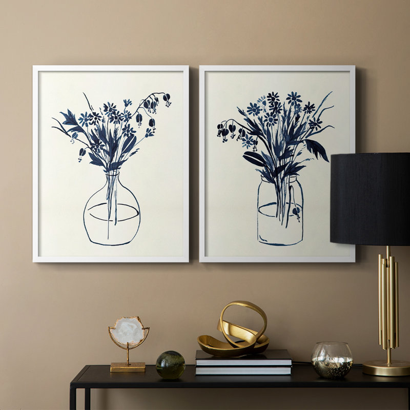 Vase floral indigo I - impression encadrée de qualité supérieure - prêt à être accroché - aucun clou requis - aucun clou requis