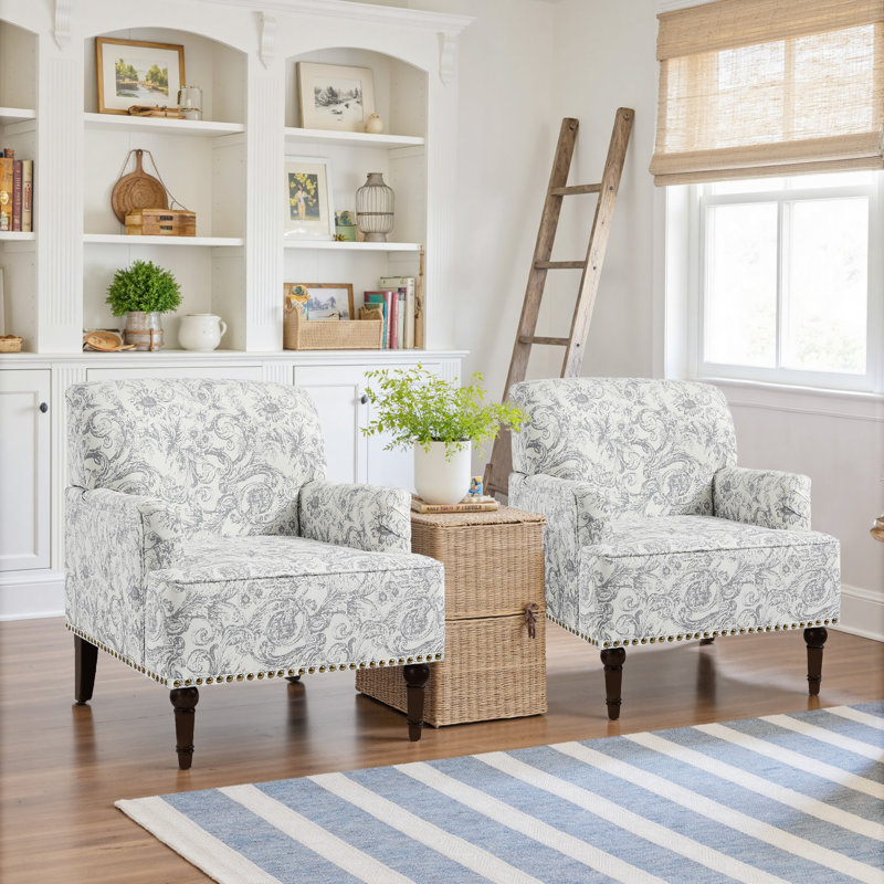 Glenetta Iliana Upholstered Rococo Light Gray Cotton Blend Armchair with Solid Wood Legs and Nailhead Trim