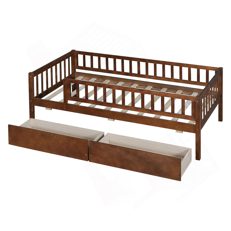 Lit de jour en bois avec deux tiroirs, Walnut, Twin