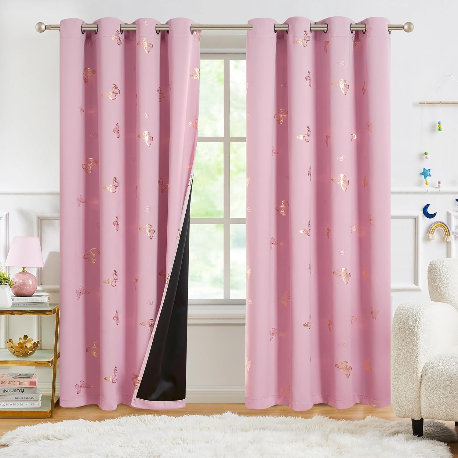 Everly Quinn Pink Gold Butterfly Blackout Curtains 84Inches | Wayfair