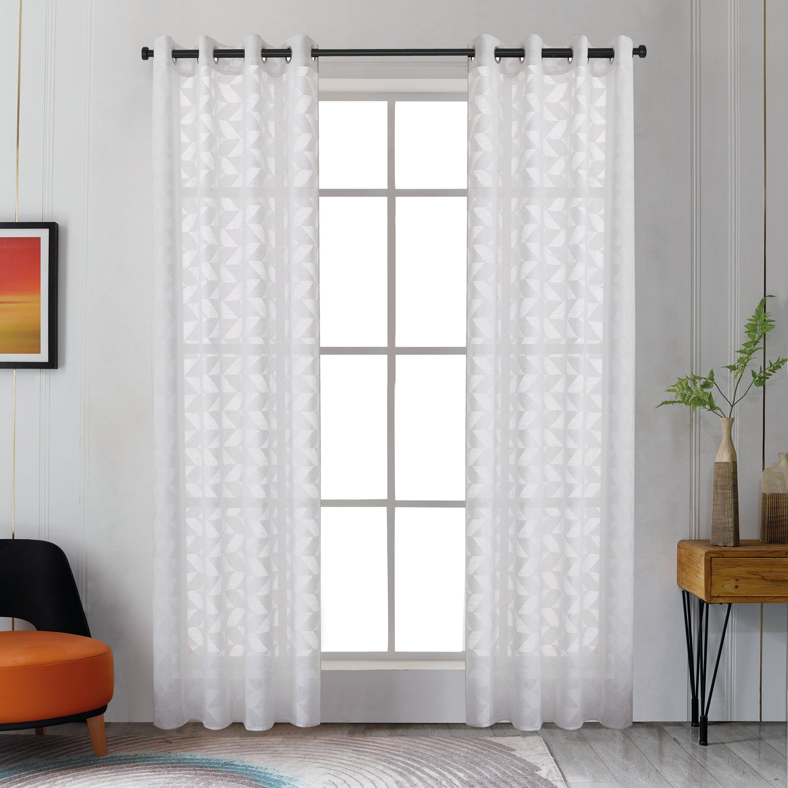 Stavros Chevron Sheer Curtain Panel, 52" x 54", White