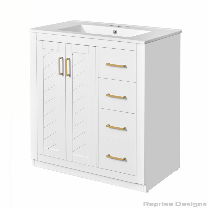 Armoire de meuble-lavabo avec cadre en bois massif 30 po avec lavabo en céramique, portes à fermeture douce, Blanc