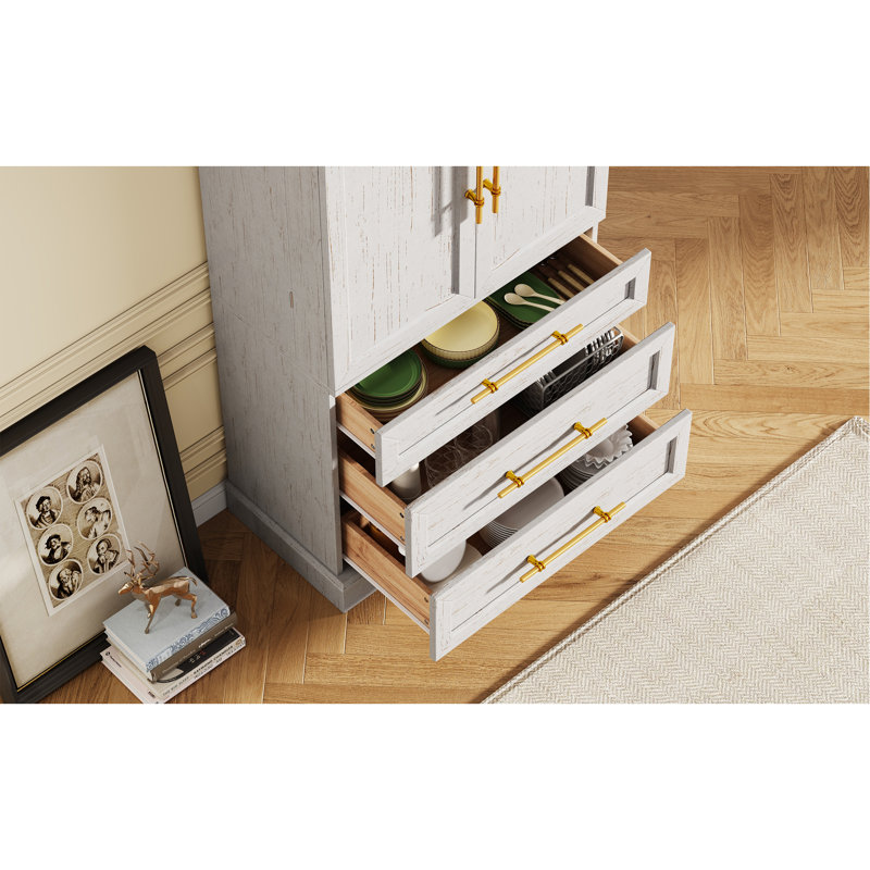 Armoire de cuisine de campagne de 78,2 po de hauteur avec 8 tablettes de porte, armoire de rangement avec 3 tablettes réglables, 3 grands tiroirs, armoire polyvalente pour la cuisine, la salle à manger et la salle de bain, blanc rétro