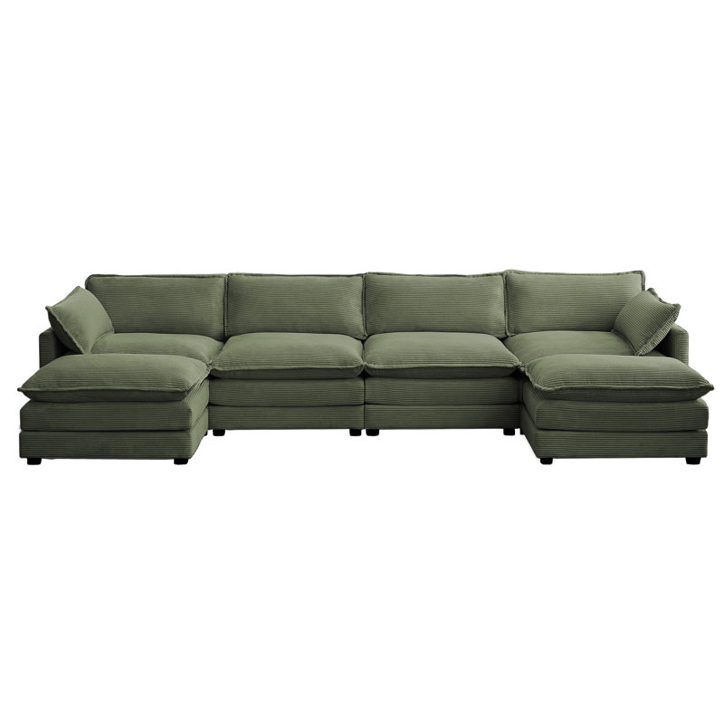 Canapé modulaire en U rembourré de 148 po 6 pièces Redenius, Velours côtelé vert avocat