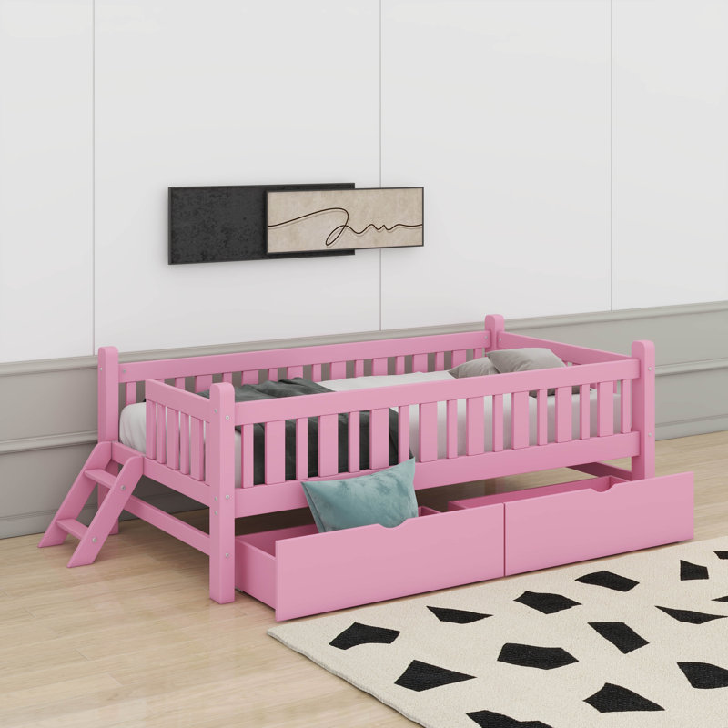 Lit plateforme simple en bois avec tiroirs et garde-corps, Rose