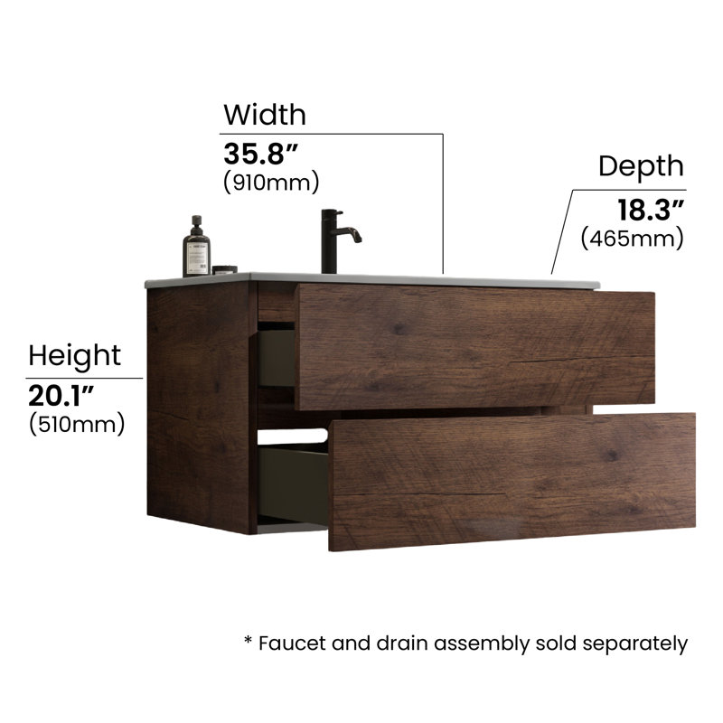 Kersha 36 Inch Single Bathroom Vanity with Ceramic Top with Overflow, Pre-Assembled, Brown, 36", Single Hole