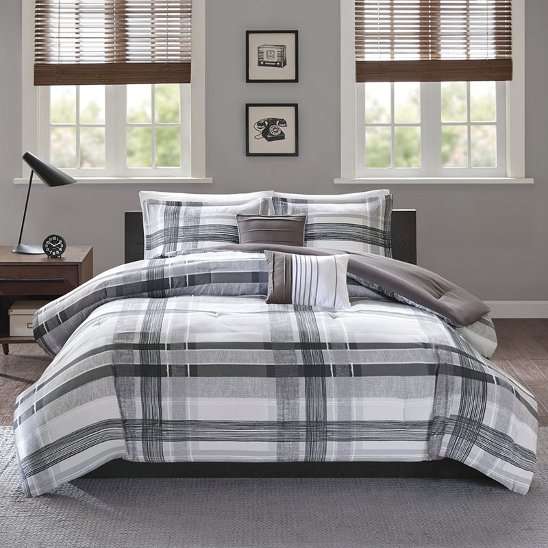 Édredon simple / simple TG - motif écossais noir et gris avec coussins décoratifs rembourrés