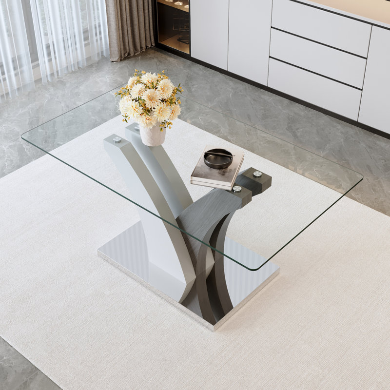Hergen  63" Modern Rectangular Tempered Glass Dining Table with Pedestal Base
