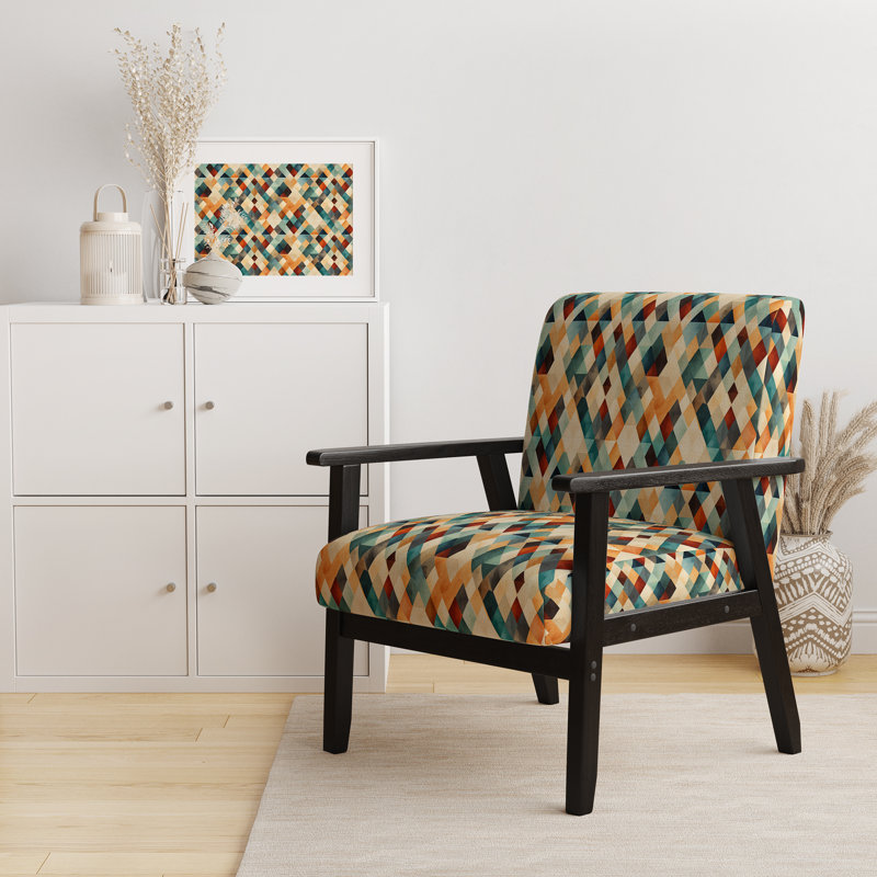 Chaise d'appoint rembourrée avec accoudoirs vert, mosaïque verte et beige Natural Tones, Accoudoirs carrés noirs