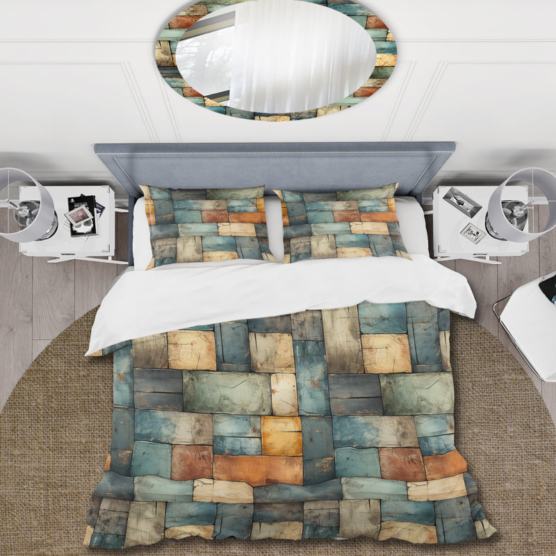 Literie rustique moderne avec planches de ferme cubiques, Housse de couette simple + 1 taie décorative stan