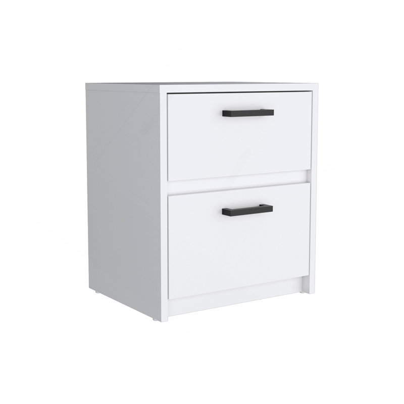 Table de chevet H 18 po, 2 tiroirs avec poignées en métal, blanc, Blanc
