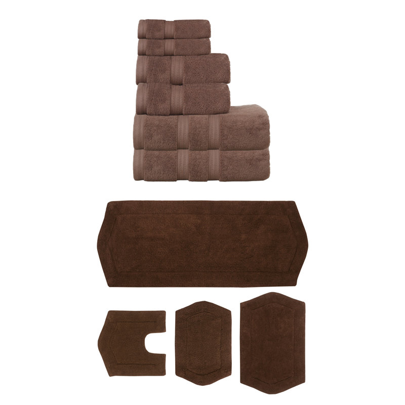 Bryd Collection 100% Soft Cotton 6 Pc Towel Set & 4 Pc Bath Rug Set, (Set of 10), Chocolate